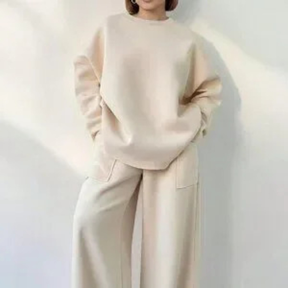 Khaki Casual Women's Plus Size Round Neck Top And Pants Set